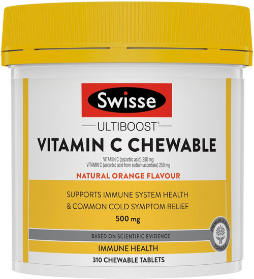 Swisse Ultiboost Vitamin C 500mg Chewable Tablets for immune support, antioxidant protection & collagen production