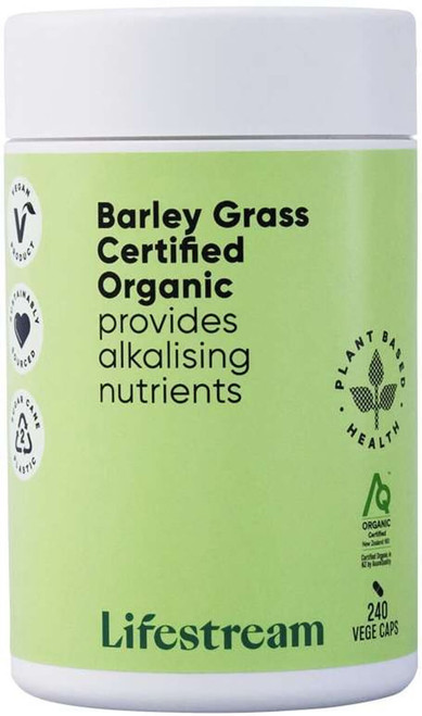 Lifestream Barley Grass Organic 240 Caps with certified organic New Zealand-grown Barley Grass to support digestion, energy, immune health & vitality