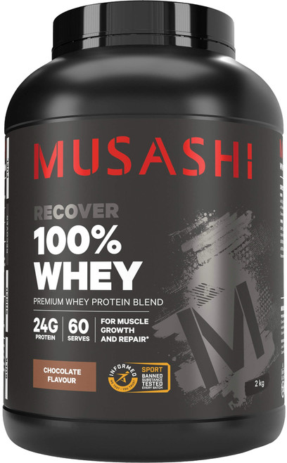 Musashi Recover 100% Whey Chocolate flavour is the ultimate protein source to meet the heavy demands of training Musashi Recover 100% Whey Chocolate flavour is the ultimate protein source to meet the heavy demands of training