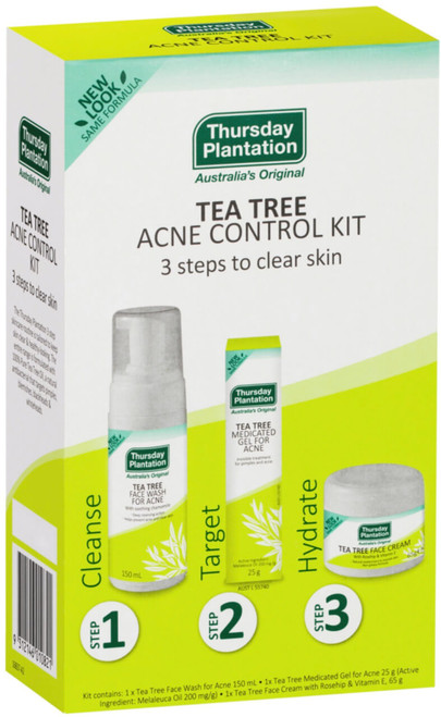 Thursday Plantation Clear Skin & Acne Control Kit provides a 3-step Tea Tree skincare routine to cleanse, target & hydrate acne-prone skin