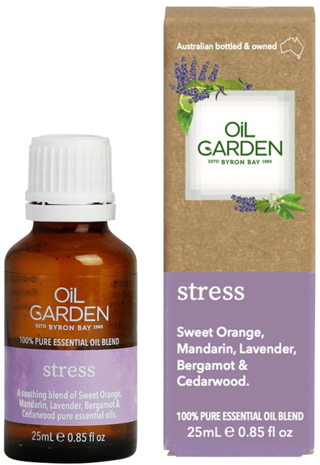 Oil Garden Stress Essential Blend Oil - the calming effects of Sweet Orange, Mandarin, Lavender, Bergamot & Cedarwood essential oils are natural sedatives during times of stress to help relieve nervous tension, headaches, fatigue & anxiety, providing a sense of calm & comfort