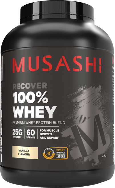 Musashi 100% Whey Vanilla 2kg protein powder with Whey Protein Concentrate & Isolate, BCAAs & digestive enzyme for muscle growth & recovery