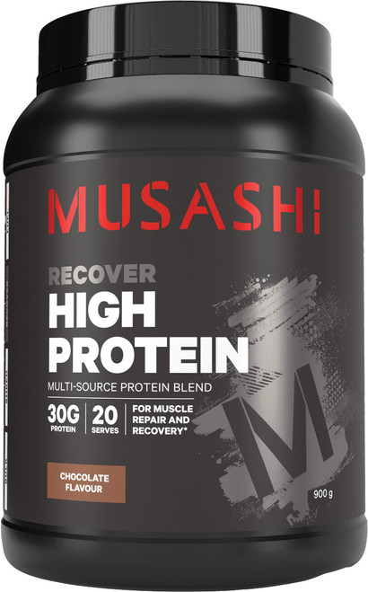 Musashi High Protein Chocolate 900g with 30g protein per serve from Whey Protein Concentrate, Whey Protein Isolate & Milk Protein Solids for muscle recovery