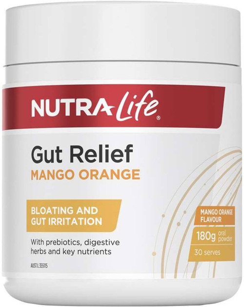 Nutra-Life Gut Relief Orange Mango 180g powder with Glutamine, Prebiotics, Slippery Elm & Aloe Vera for bloating relief and gut health
