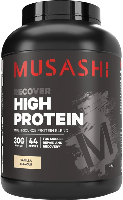 Musashi High Protein Vanilla 2kg with 30g protein per serve from Whey Protein Concentrate, Whey Protein Isolate & Milk Protein Solids for muscle recovery
