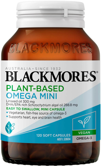 Blackmores Plant-Based Omega Mini supports heart, eye & brain health with Linseed Oil & Schizochytrium Algal Oil to deliver 315 mg total omega-3 including EPA & DHA