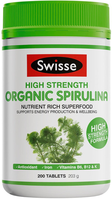 Swisse Ultiboost High Strength Organic Spirulina 200 Tabs with Chlorophyll, Iron, B Vitamins, Vitamin K, Selenium & antioxidants