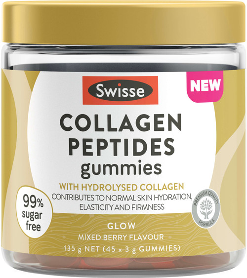 Swisse Collagen Peptides 45 Gummies with Hydrolysed Collagen & Vitamin C from Acerola to support skin hydration, elasticity & firmness