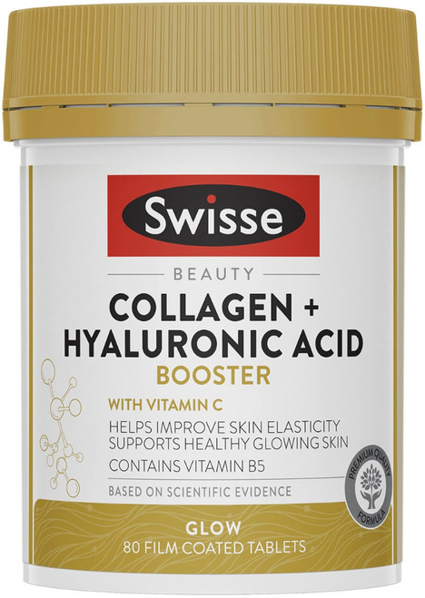 Swisse Beauty Collagen + Hyaluronic Acid Booster 80 Tabs with Hydrolysed Collagen, Sodium Hyaluronate and Vitamin C for skin hydration and elasticity