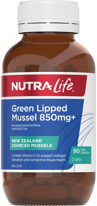 Nutra-life Joint Green Lipped Mussel 850mg joint health formula includes Vitamin C, to support connective tissue and collagen formation