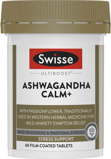 Swisse Ultiboost Ashwagandha Calm+ provides anxiety relief, supports a healthy stress response, relieves fatigue, and maintains nervous system health
