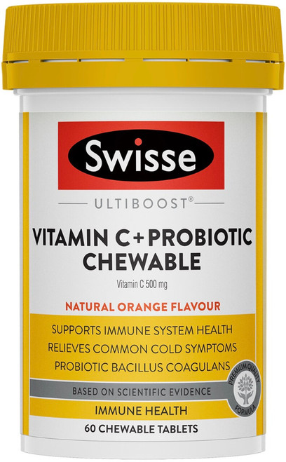 Swisse Ultiboost Vitamin C + Probiotic Chewable combines Vitamin C with Bacillus Coagulans to support immune & digestive wellbeing