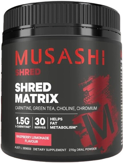 Musashi Shred Matrix Raspberry Lemonade with carnitine, chromium and green tea supports fat metabolism and energy production