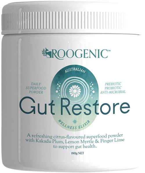 Roogenic Gut Restore 180g citrus powder with L-Glutamine, Zinc Carnosine, Slippery Elm, prebiotics & probiotics for gut health