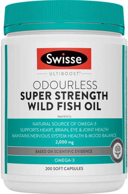Swisse Ultiboost Odourless Super Strength Wild Fish Oil 200 Caps with 2000mg Fish Oil, 360mg EPA and 240mg DHA per capsule for heart, brain and eye health