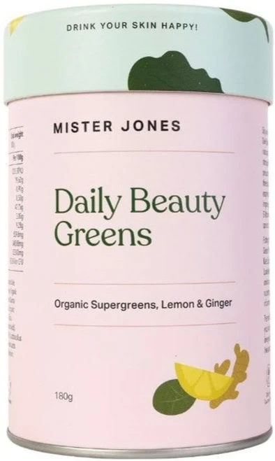 Mister Jones Daily Beauty Greens 180g with organic supergreens, vegan collagen boosters, prebiotics, probiotics & digestive enzymes for skin, gut & energy