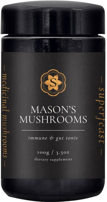 SuperFeast Mason’s Mushrooms 100g mushroom extract blend with Lion’s Mane, Reishi, Cordyceps and Chaga for gut, immunity and daily vitality