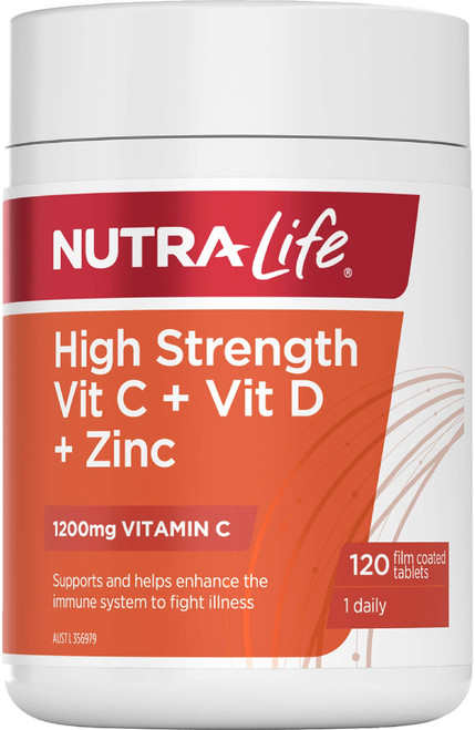 Nutra-Life High Strength Vit C + Vit D + Zinc 120 Tabs with 1.2g Vitamin C, Vitamin D3 & Zinc for immune system support
