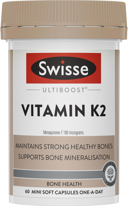 Swisse Ultiboost Vitamin K2 supports strong, healthy bones & calcium balance with Menaquinone-7 for improved calcium absorption, bone mineralisation & overall wellbeing