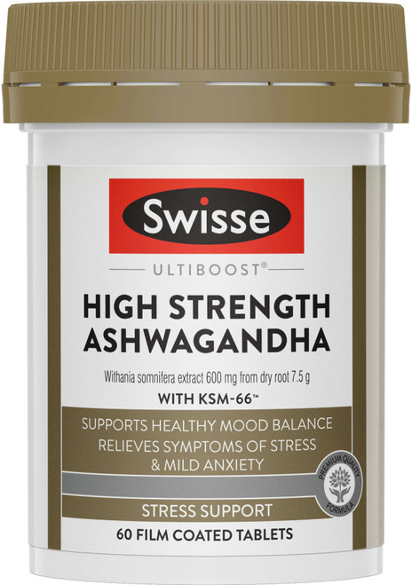 Swisse Ultiboost High Strength Ashwagandha supports stress relief, emotional balance & sleep quality with high-strength Ashwagandha extract to calm anxiety & promote wellbeing