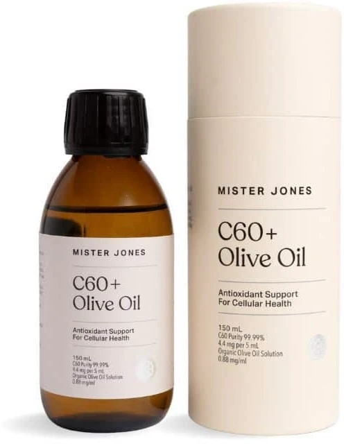 Mister Jones C60 + Olive Oil 150ml with 99.99% Pure Carbon C60 in Australian Certified Organic Extra Virgin Olive Oil for antioxidant & cellular health support