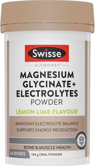 Swisse Ultiboost Magnesium Glycinate + Electrolytes Powder supports muscle function, energy production & hydration with Magnesium glycinate & electrolytes