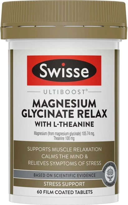 Swisse Ultiboost Magnesium Glycinate Relax with L-Theanine supports calm, relaxation & muscle function with Magnesium Glycinate & L-Theanine