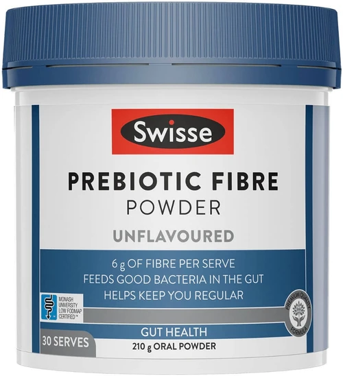 Swisse Prebiotic Fibre Powder supports gut health & regularity with 6g of prebiotic fibre per serve from gentle, well-tolerated soluble fibre