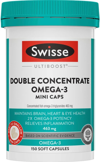 Swisse Ultiboost Double Concentrate Omega-3 supports brain, heart & eye health with concentrated EPA & DHA in easy-to-swallow odourless mini caps