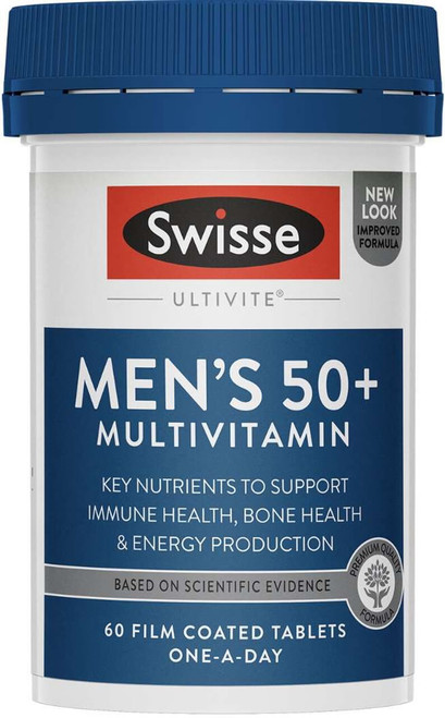 Swisse Ultivite Men’s 50+ Multivitamin 60 Tabs with Vitamin D, Calcium, B Vitamins & Magnesium to support bone health, energy & vitality