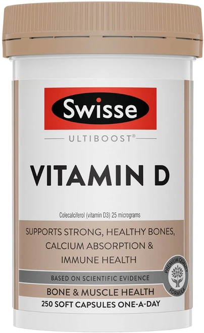 Swisse Ultiboost Vitamin D 1000IU Soft Capsules for bone strength, healthy teeth, calcium absorption & immune system function