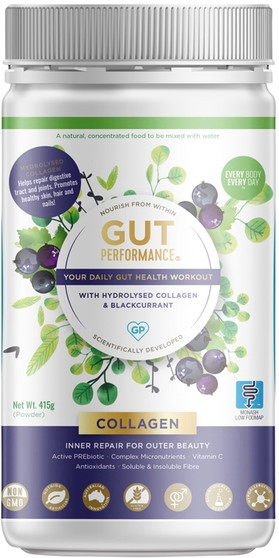 Gut Performance Hydrolysed Collagen & Blackcurrant Prebiotic Daily Gut Health Workout nourishes your gut’s natural biome