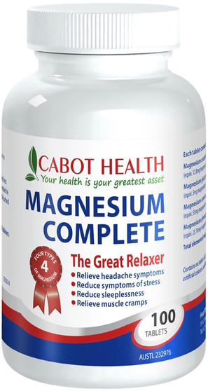 Cabot Health Magnesium Complete is a combination of four magnesium compounds to supplement inadequate dietary intake of this important mineral. Magnesium Complete can be used to relieve muscular cramps and spasms, and nervous tension, stress