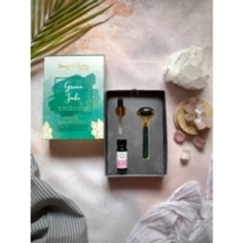 CRYSTAL FACIAL MASSAGE KIT JADE
Song Of India Green Jade mini facial roller & revitalizing face elixir

Facial Massager Kit

Green Jade is a very luck gemstone that creates harmony of the mind, body, & spirit. It helps to instill prosperity and wealth into all areas of your life. It can also be used to heal and open the heart chakra.