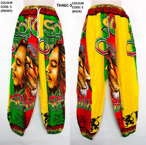 RASTA PANTS Th46c5
Rasta cuffed pants with an elastic waist & drawstring.

Free size up to 14.

   - Elastic waist: 58cm - 92cm approx
   - Length: 103cm approx

