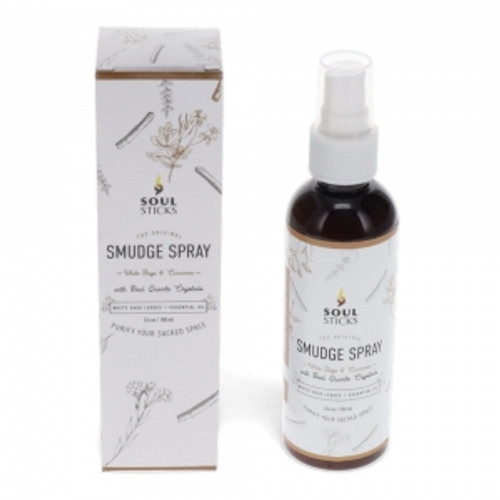 Soul Sticks Smudge Spray White Sage & Cinnamon & Quartz Crystal 100ml
This spray has been created as a quick & convenient alternative to smudging to quickly clear the energy.
Great for use as a body spray too.
Ingredients:  Purified water, Witch Hazel, White Sage & Cinnamon Essential oil, White Sage leaves & Clear Quartz.