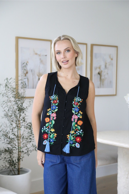 Salty Bright Embroidered Top Black
Stunning embroidered flowers on 100% cotton
Button up front with a tie neck & with gathers 