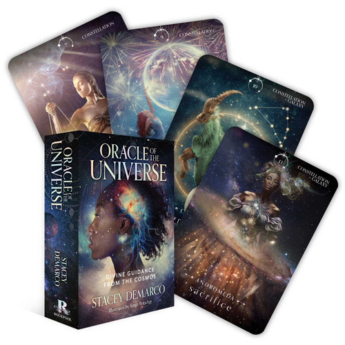Oracle of the Universe 
Seeking wisdom and guidance from the expansive energies of the Universe.

This oracle captures the spiritual wisdom from the known universe: the individual energies, twinkling stars, greatest fiery suns, mysterious black holes, spinning galaxies, shining constellations and all the planets great and small. Humans have always been fascinated by the night sky and the spin of the planets.

The earliest cave paintings feature the stars, the sun, the moon and constellations all woven into mythos, stories and lessons. Everyday we learn that little bit more about the vastness of space. Not only are we exploring constellations, stars, planets, black holes and even whole galaxies that we now know exist, but also energies such as dark matter and new space phenomena that are now being discovered and further understood.

This oracle is created by the winning combination of Stacey Demarco and Kinga Britschgi, both of whom are obsessed by space and the mythos and beauty of the stars. This card deck is perfectly created for those who have always sought the cosmos for divine guidance and inspiration.