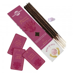 Incense Kit Affirmation of Harmony Crystal Smudge 
Immerse yourself in the delicate and calming fragrance of a flower valley.

Affirmation Ritual Incense Kits include 20gm of smudge incense sticks (6 sticks), 3 Affirmation Cards and a crystal stone to match the intention. Brand: Sacred Elements Crystal: Rose Quartz
