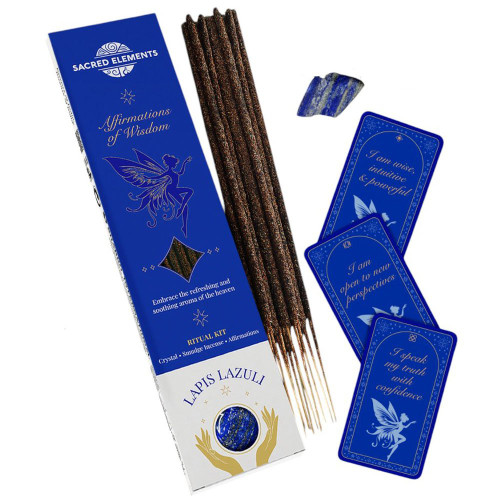 Incense Kit Affirmation of Wisdom Crystal Smudge 
Embrace the refreshing and soothing aroma of the heaven.
Affirmation Ritual Incense Kits include 20gm of smudge incense sticks, 3 Affirmation Cards and a crystal stone to match the intention. Brand: Sacred Elements Crystal: Lapis Lazuli
