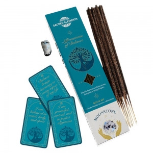 Incense Kit Affirmation of Balance Crystal Smudge 
Experience the soothing aroma designed to bring balance 
Affirmation Ritual Incense Kits include 20gm of smudge incense sticks (6 sticks), 3 Affirmation Cards and a crystal stone to match the intention. Brand: Sacred Elements Crystal: Moonstone