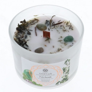 Candle Patchouli Good Luck Gemstone
Delight your senses with this exquisite candle with Patchouli & Thyme Essential Oils. Green Aventurine gemstones & wood wick
256g
