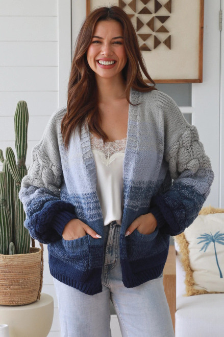 Charlotte Open Cardi Blue
Lovely soft & warm with bubble knit
2 front pockets
65% acrylic
35% wool