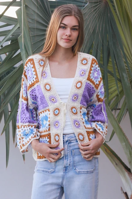 Crotchet Cardi Square Purple
Stunning little crotchet square cardi
Has a tie at chest.
