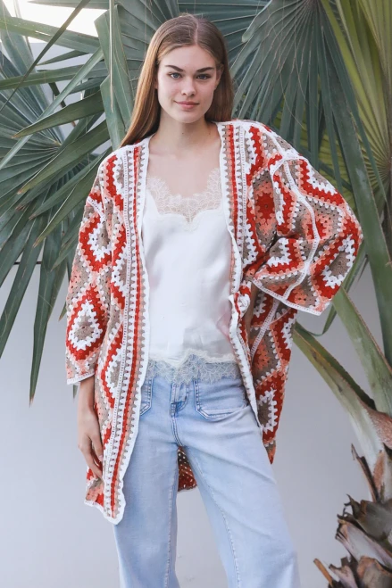 Crotchet Cardi Square Orange
Stunning longer length crotchet cardi in diamond pattern
