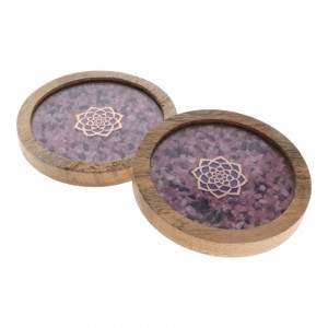 Lotus rose Quartz and Amethyst 
2pk Coasters 10cm
Crafted with stone chips, glass with wood frame.