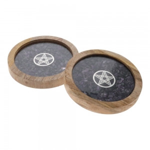 Coaster Pentagon Tourmaline and Amethyst 
2pk Coasters 10cm
Crafted with stone chips, glass with wood frame.