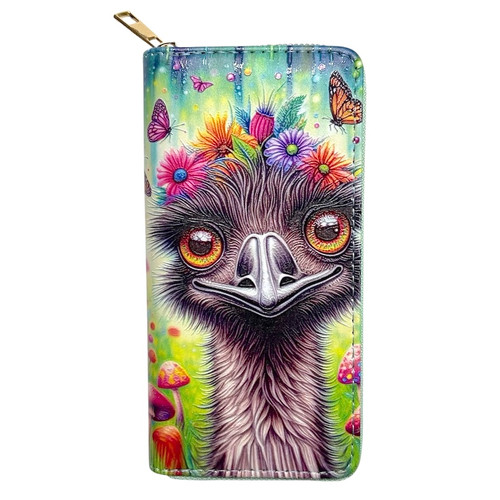  Large Digital Print Purse Emu
12 card holder
Coin with zip enclosure
3 note compartments
Zip enclosure
Dimensions: 19cm x 9.5cm x 2.5cm