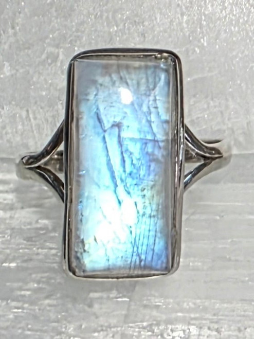 Ring Moonstone Size 9.5
Set in Sterling Silver 
Stone size approx 2 x 1cm

Moonstone – Moonstone is associated with the feminine and is called “The Goddess Stone”. It can enhance the intuitive side of the mind. Moonstone has been used to connect with the energy and power of the moon. The vibration of Moonstone encourages us to pay attention to the cycles of our lives and to see our lives as a spiral, moving forward in the cosmic energy we call life. Introspection, reflection, beginnings, insight, tenderness, harmony, peace, travel, intuition, protection (esp during pregnancy, childbirth, travel at sea), substitute for pearl in crystal healing. Use for Pituitary gland, digestive system, obesity, water retention, hormonal problems, menstrual problems.