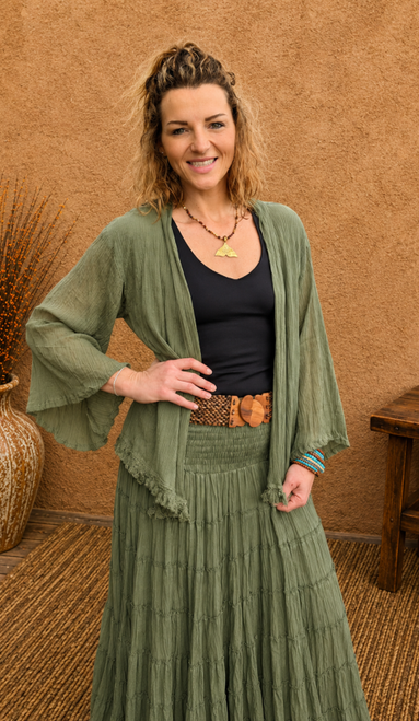 Gypsy Jacket Green

Soft lightweight crinkle cotton
Relaxed open-front styling
Flowing bell sleeves
Fringe trim detail
Easy layering piece
Beautiful colourway

Perfect for layering over dresses, skirts and casual outfits for an effortless boho look.